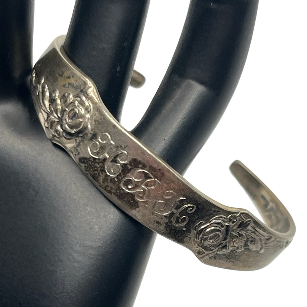 Heirloom sterling silver damask rose monogrammed engraved flower cuff bracelet